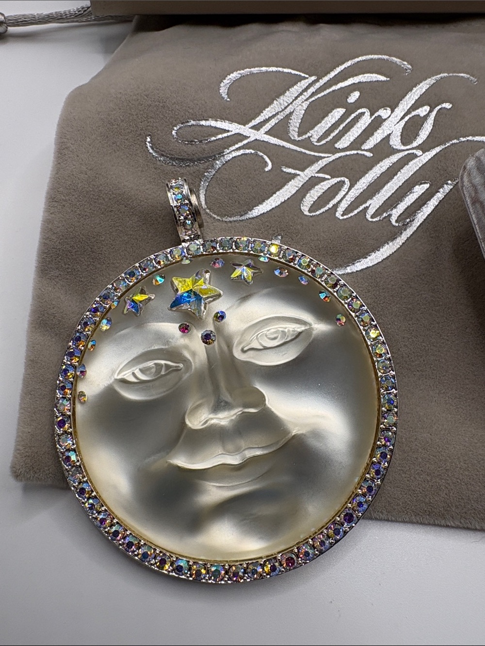 Kirks Folly Iridescent Magnetic  Pearl Moon Face Pendant with Multicolor Crystal